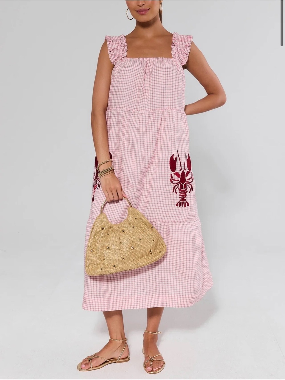 Avara Red Gingham Lobster Midi Dress